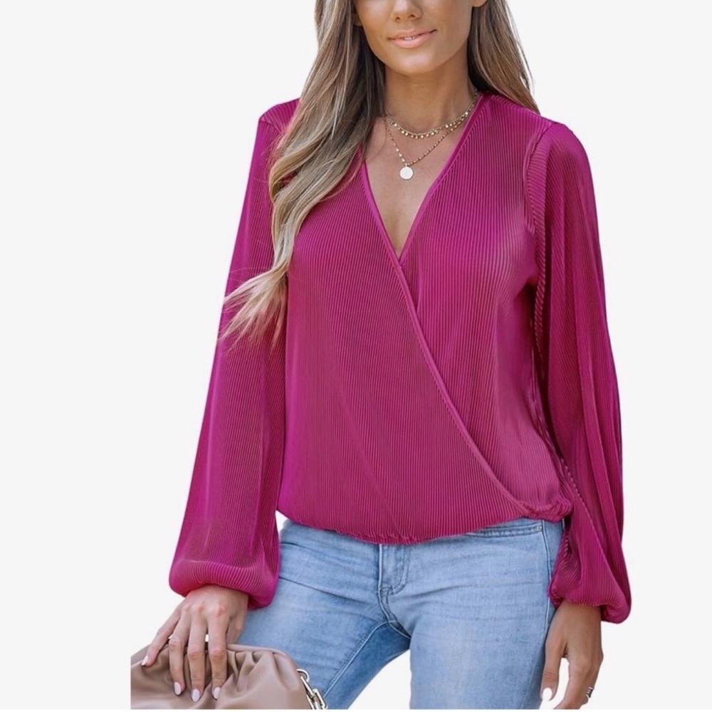 Cupshe Surplice Neck Blouse- Hot Pink - Like New